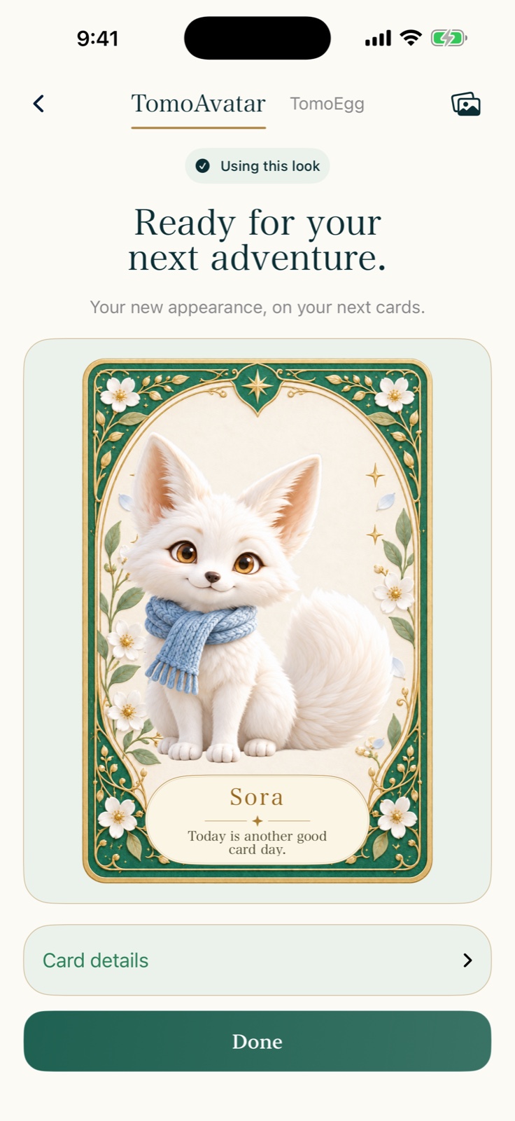 Orbitomo TomoAvatar editor showing a chosen fox companion on My Card, with its name and short message